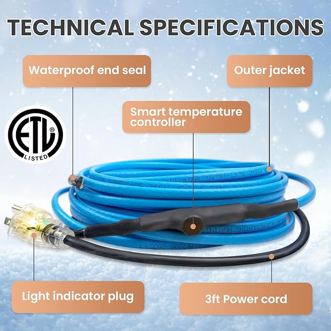 15FT Heat Tape for Water Pipes, Self-Regulating Heat Trace for Pipes with Thermostat Heating Cable for Metal Plastic Pex Pipes 120V 5W/FT