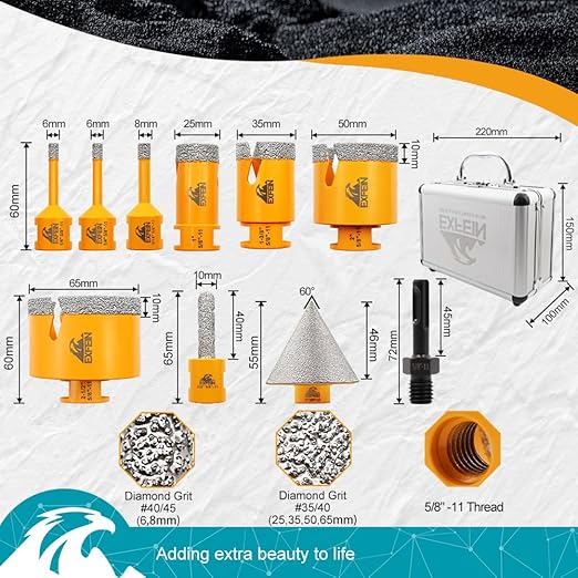 Diamond Tile Hole Saw Kit 10pcs - 6/6/8/25/35/50/65mm Diamond Core Drill Bits with 10mm Finger Bit and 50mm Chamfer Bit Trimming Holes and SDS Adapter for Tile Porcelain Marble