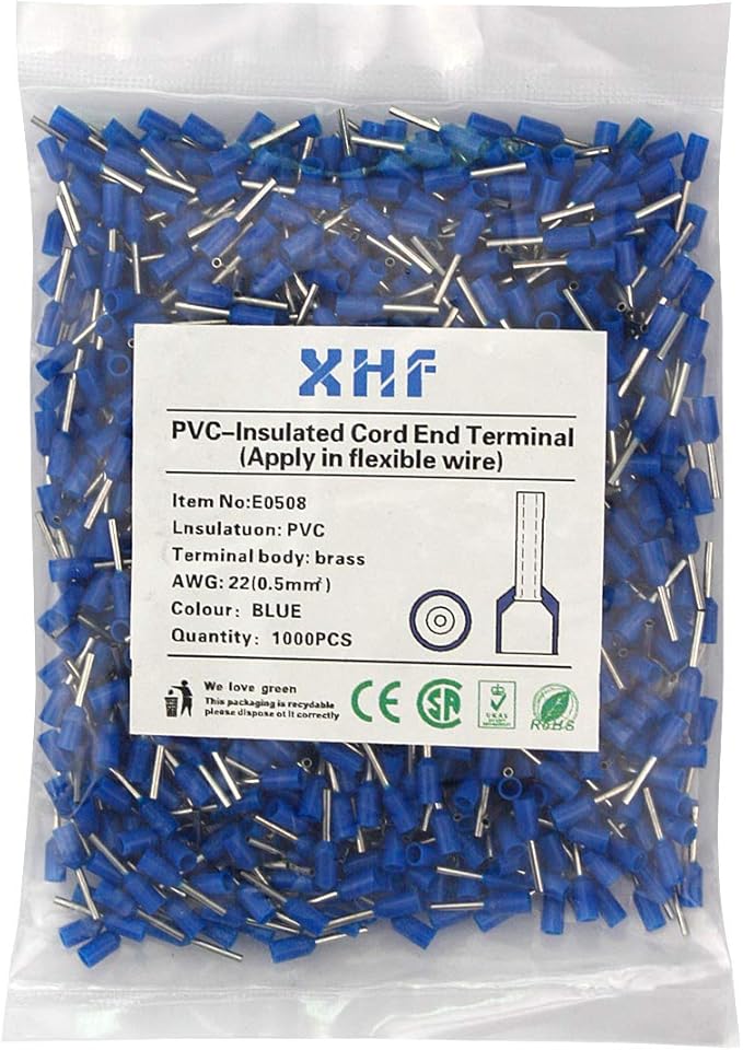 XHF 1000 PCS AWG 22/0.5mm² Wire Ferrules Insulated Copper Crimp Connectors, Crimp Pin Cord End Terminals Blue