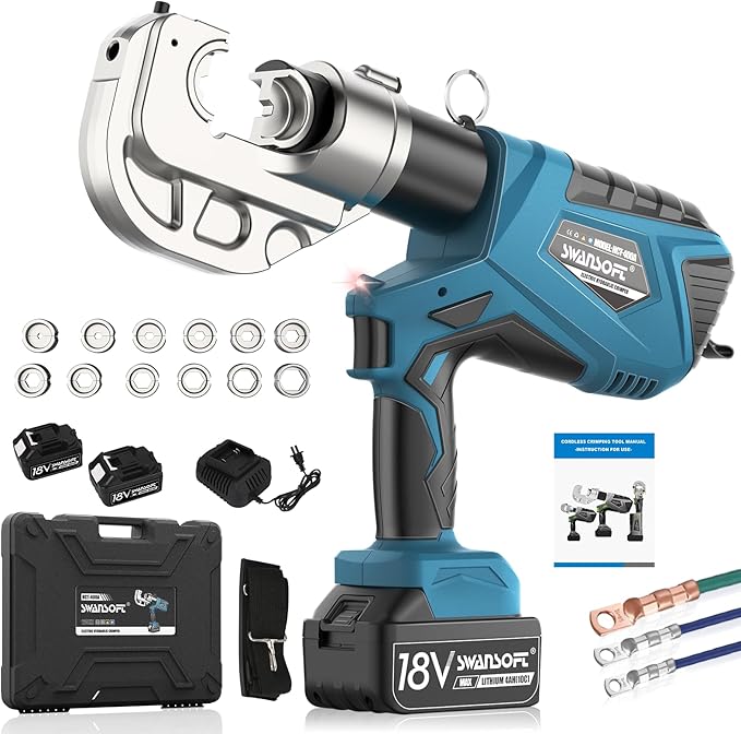 SWANSOFT Electric Hydraulic Crimping Tool, 12Ton 6AWG-800MCM Rechargeable Hydraulic Crimper for Cu/Al Terminal, Continuously Crimp Wire Cable Lug Crimping Tool Kit with 12 Dies (HCT-400A)