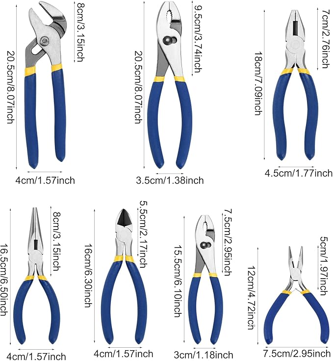 7-Piece Pliers Set - Groove Joint, Slip Joint, Diagonal, Linesman, Long Nose & Mini Long Nose Pliers for DIY & Home Use