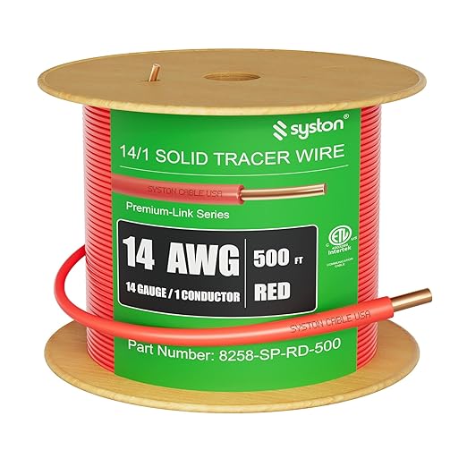 14 AWG Tracer Wire 600V 100% Solid Copper Conductor Direct Burial Underground, Red Tracer Wire for Locating Underground Pipes and Lines Electrical Wire Gas Water Sewer Pipe and Fiber Optic, 500 FT
