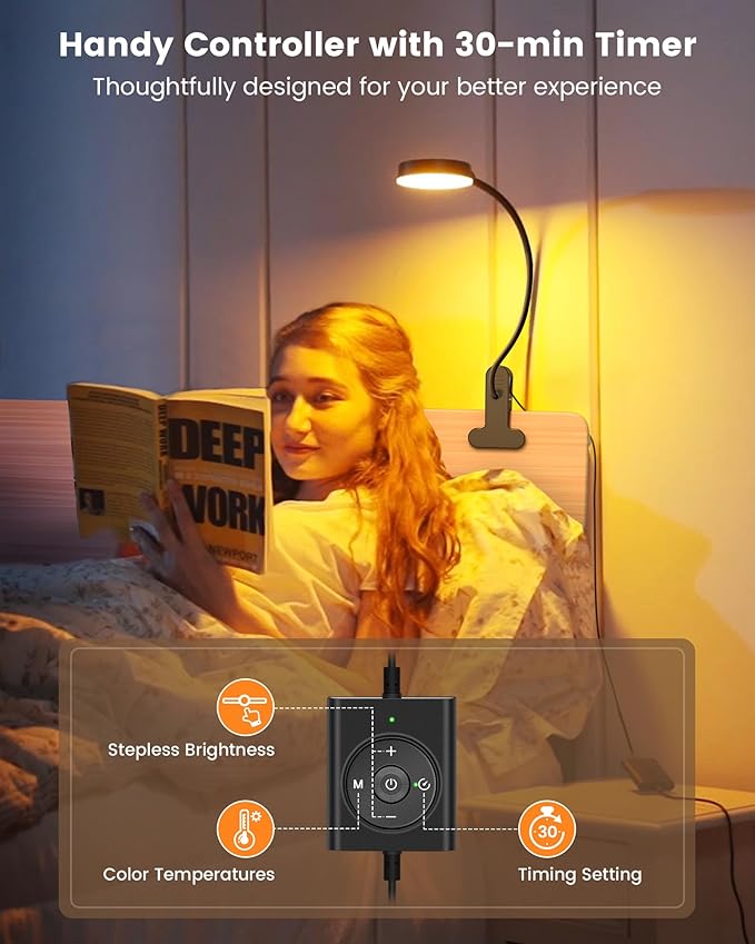 Glocusent 5W Clip on Light, 36LED Eye Caring Reading Light for Bed, 3 Colors & 5 Brightness Clip on Lamp with Adapter, Perfect Reading Light for Bed with Clamp/Bunk Bed/Headboard/Table/Desk