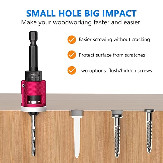 5-Piece Countersink Drill Bit Set with Adjustable Depth Stop, 1/4" Hex Shank Quick Change Drilling Tool Kit, 82° Woodworking Chamfer Bits for Wood, Plywood, MDF, Plastic