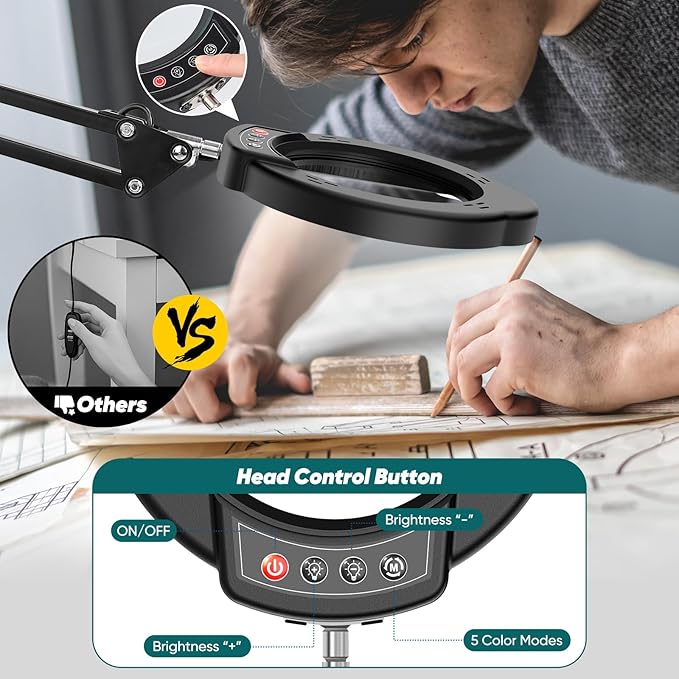 10X Magnifying Glass with Light and Stand，Real Glass Lens 5 Color Modes Dimmable LED Lighted Magnifier with Swing Arm Hands Free Magnifying Desk Lamp for Crafts Sewing Painting Reading Close Work