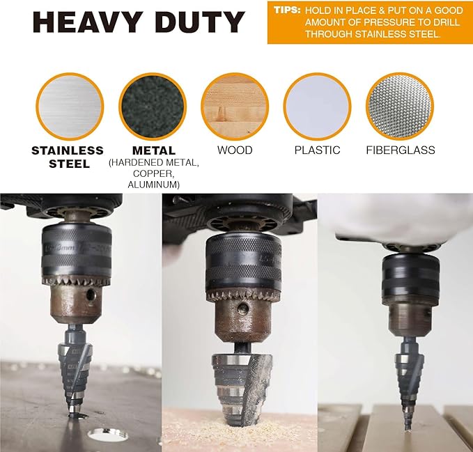 1/4 to 1-3/8 Inch Step Drill Bit Spiral Grooved Double Fluted, M2 High Speed Steel Drill bits for Hole Drilling in Stainless Steel, Copper, Aluminum, Wood, Plastic
