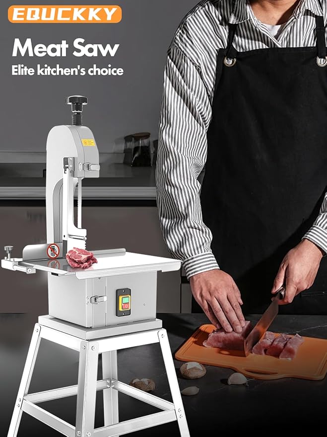EQUCKKY 2200W Electric Meat Saw Bandsaw, Commercial Bone Saw, Stainless Steel Meat Cutter Machine, Adjustable Thickness 0.04-7.8", Meat Cutting Machine for Butcher Shop & Home