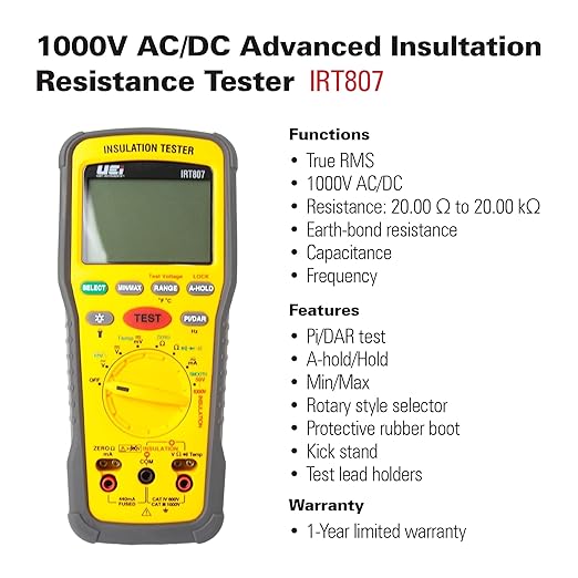 UEi IRT807 Insulation Resistance Tester 1000V AC/DC, Advanced Megohmmeter Measures Insulation Resistance Up to 2GΩ, Voltage Testing Up to 1000V