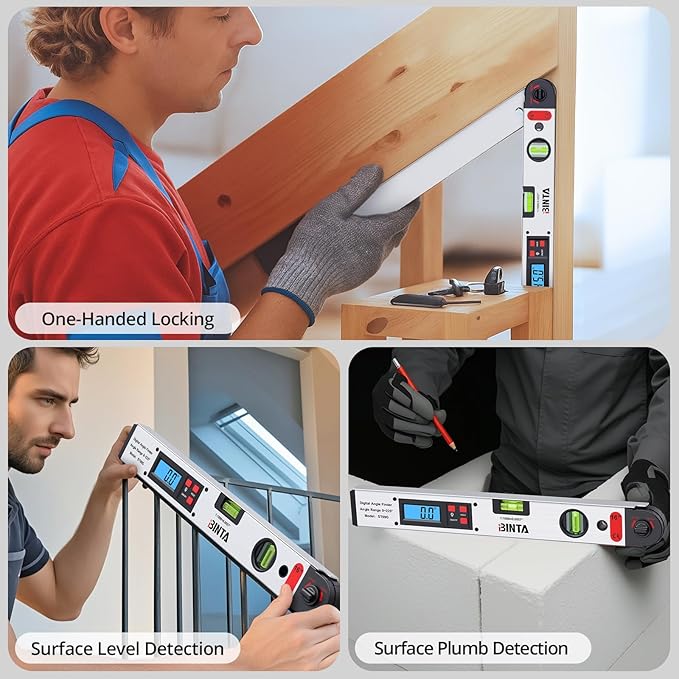BINTA Digital Angle Finder 0-225° Range, Backlit LCD Aluminum Angle Finder Tool with Horizontal/Vertical Dual Bubble Meter Storage Bag for Woodworking, Machinery, Construction, DIY(Silver)