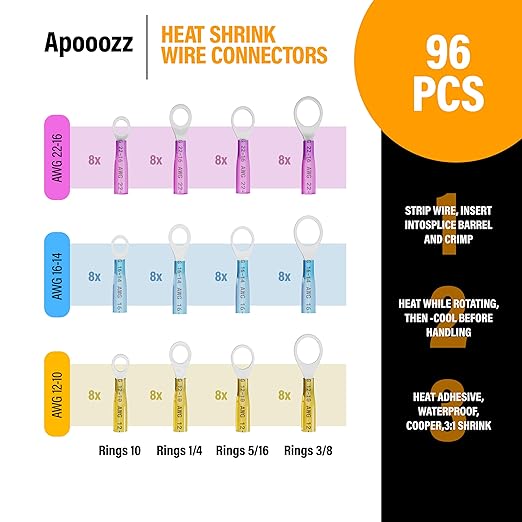 96 Pcs Heat Shrink Wire Connectors Kit- Electrical Waterproof Crimp Terminals Set- Insulated Rings- Ideal for Light-Duty Electrical Projects, Home DIY & Hobby Applications