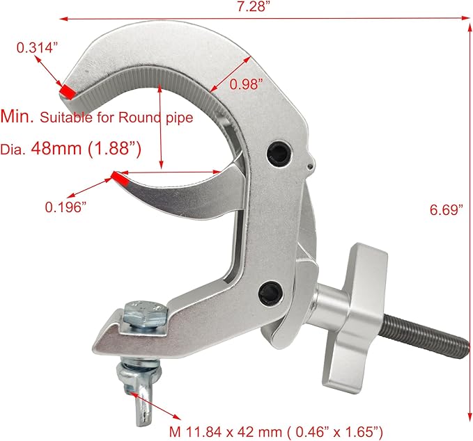 Stage Light Clamp 1.88-3.14Inch Heavy Duty 440lb Truss Hook Quick Rig Aluminum lighting C-Clamp Fit OD 48-80mm of Pipes for DJ Projector Par Spot Lights Moving Head