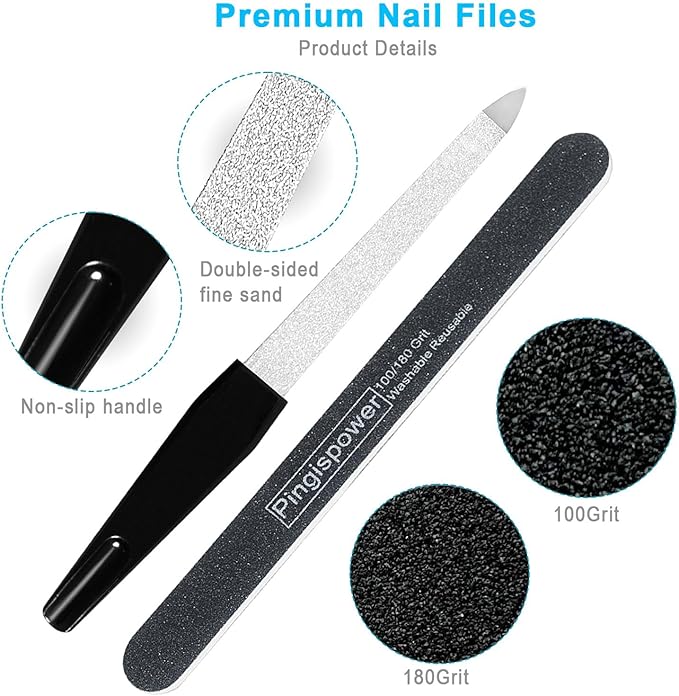 Nail Files Set, 14PCS Professional Metal Nail File & Emery Boards for Natural Nails (100/180 Grit), Double Sided Reusable & Washable Manicure Kit for Women, Home & Salon