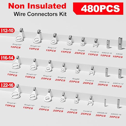 AIRIC 480 PCS Non Insulated Wire Connectors Kit, 26-8 AWG Uninsulated Connector, Bare Cable Ends, Electrical Crimp Terminals End, Wiring lugs for 26-8 Gauge Wires, Ring Fork Butt Splice Terminal