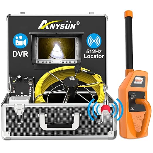 Anysun Sewer Camera with Locator, Pipe Camera with 512Hz Sonde Transmitter and Receiver, IP68 Waterproof Industrial Plumbing Endoscope Drain Snake Cam with 7" LCD Monitor, 8G SD Card (165Ft/50M Cable)