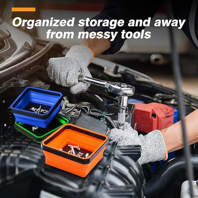 Collapsible Magnetic Parts Tray Set, 3 Pack Foldable Silicone Magnetic Tool Trays for Bolts Screws Nuts & Small Metal Parts, 4.5” Upgraded Square Silicone Bowls with Dual-Sided Magnetic Base