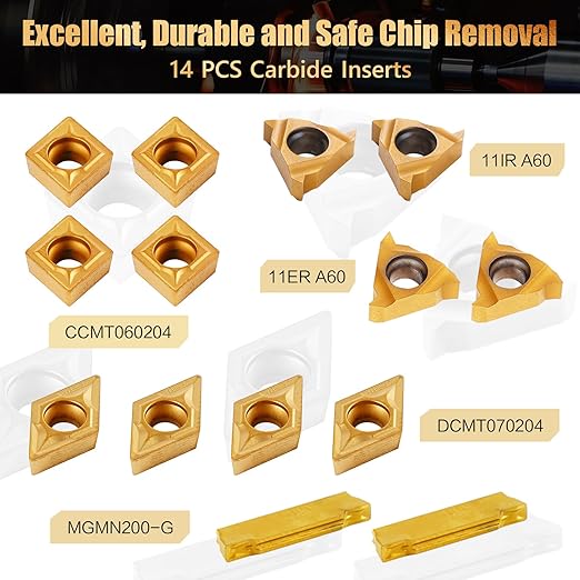 Indexable Lathe Turning Tool 21Pcs Kit 3/8" (10mm) Shank, Includes 7Pcs Metal Lathe Tool Holders and 14Pcs Carbide Inserts for Turning Boring Grooving Cutting Threading Carbide Turning Tool