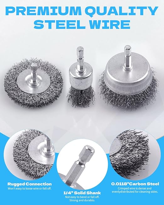 30 Pack Carbon Steel Wire Wheel Brush, Rocaris Cup Brush, Wheel Brush, Pen Brush Set with 1/4-Inch Hex Shank for Rust Removal, Corrosion and Scrub Surfaces