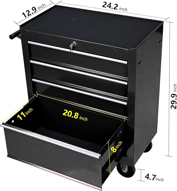4-Drawer Rolling Toolbox Cabinet, Large Capacity Metal Toolbox with Wheels and Key Lock, Rolling Toolbox Organizer Toolbox, Heavy-Duty Industrial Service cart Storage Organizer
