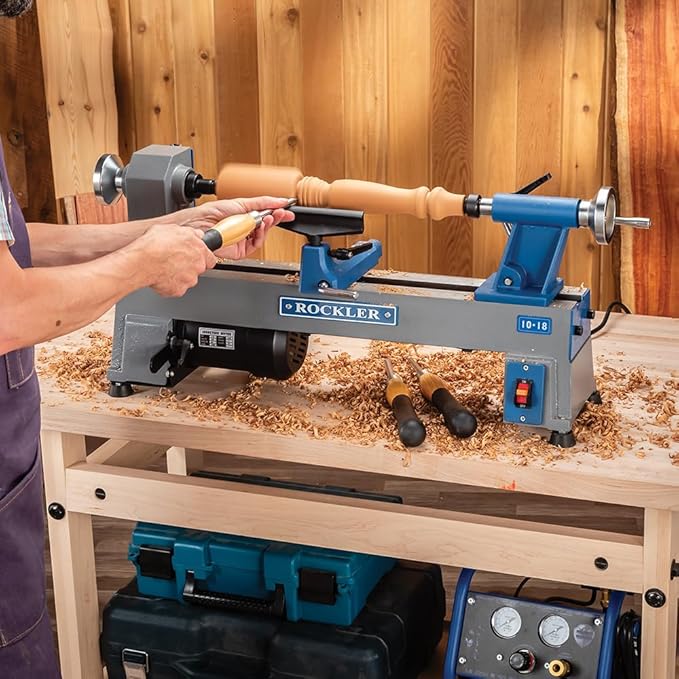 10x18” Mini Lathe Machine - Sturdy Cast-Iron Made Wood Lathes - Adjustable & Secured Woodturning Tools for Small to Medium-size Projects - Non-Slip Wood Lathe Accessories for Legs, Handles & Decor