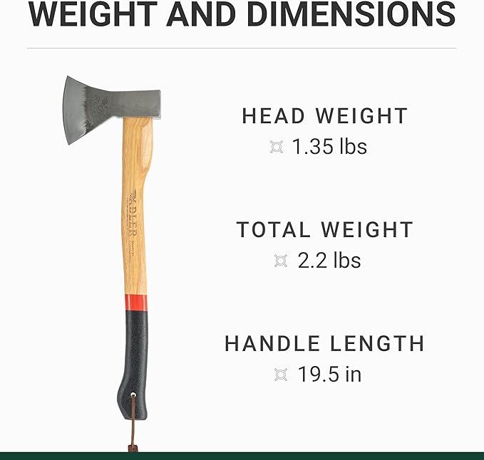 The Canoe Axe - German Made Bushcraft, Kindling, Camping & Hiking Axe, Leather Sheath, German Made, Anti-Slip 19.5" Hickory Wood Handle, 1.35 Pound Head (Red Stripe)