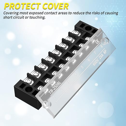 Joinfworld Terminal Block 25A 600V Dual Row Screw Terminal Strip with Cover, 8 Position Pre-Insulated Wire Terminal Block with Jumpers - 4 Pack