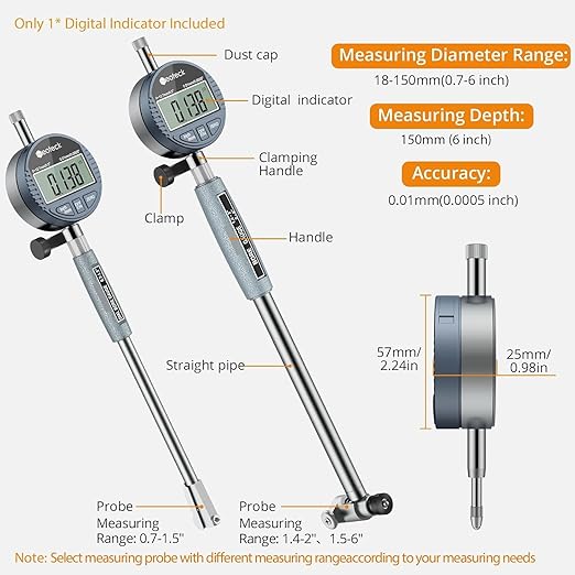 Neoteck Digital Dial Indicator Bore Gauge with 0.7"-6"/0.0005" Measuring Range and 6" Measuring Depth Dial Bore Gauge Set with 23PCS Anvils for Engine Cylinder Measurement