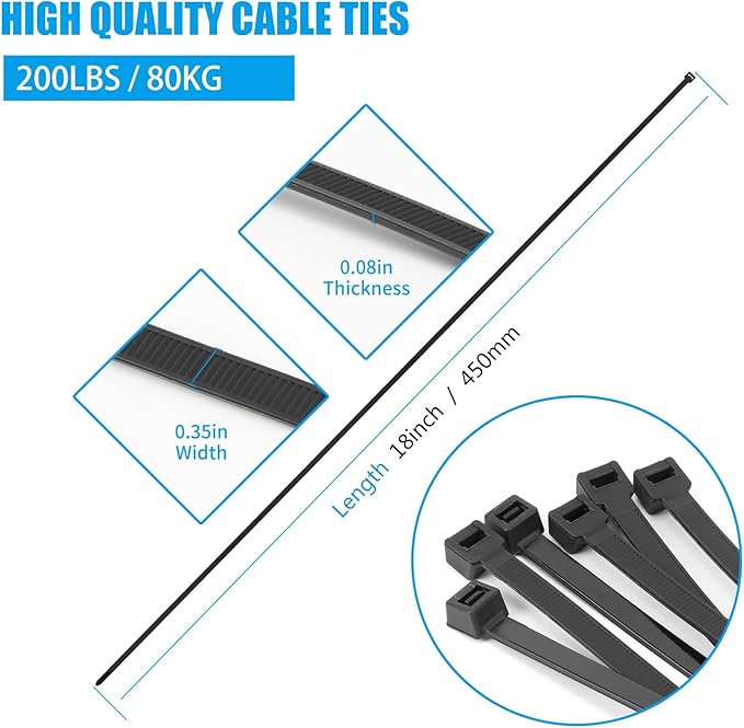 18 inch Black Zip Ties Heavy Duty 100 PACK, 200 LBS Ultra Exclusive Strong Plastic Wire Ties, Large Cable Ties Extra Long Tie Wraps, Indoor and Outdoor UV Resistant