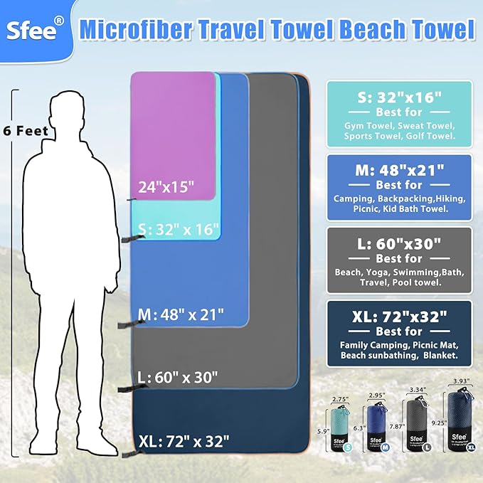 Sfee 2 Pack Microfiber Travel Towel, Quick Dry Towel Camping Towel Large Beach Towel Super Absorbent Compact Lightweight Sports Gym Towels Set for Beach, Gym, Hiking, Pool, Backpacking,Bath,Yoga