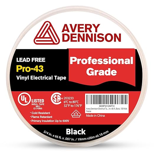 Avery Dennison Electrical Tape, 100 Rolls Professional Grade PVC Electric Tape, UL/CSA Listed ¾ in x 66 ft Insulating Vinyl Tape for Electrical, Repairs, Automotive and Equipment, Pro-43, Black
