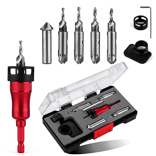 Metal Countersink Drill Bit Set 9-in-1 with Depth Stop, 4 Reversible Heads & Vertical Pilot Adjustable - Hex Shank for Hardened Steel/Woodworking, Hex Key & Chamfer Tool Includ