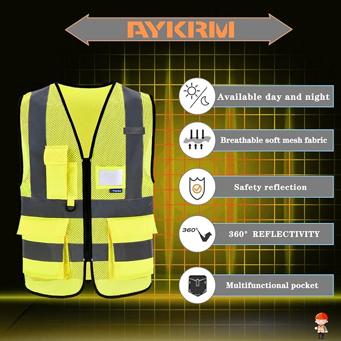 A-SAFETY 6XL 7XL 8XL High Visibility Mesh Safety Reflective Vest with Pockets and Zipper (Yellow Mesh 6XL-8XL)