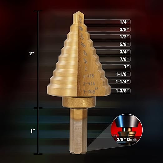 ZELCAN 10 Sizes Titanium Step Drill Bit, 1/4 to 1-3/8 Inches High Speed Steel Drill Cone Bits for Sheet Metal Hole Drilling Cutting, HSS Multi Size Hole Stepped Up Unibit for DIY Lovers Electrician