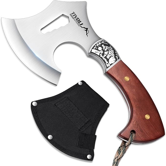 TIVOLI 8.86" Camping Axe, Survival Hatchet with Hex Wrench Slots, High Carbon Steel Blade Outdoor Bushcraft Axe with Nylon Sheath, Ergonomic Wood Grip Camping Gear for Hiking, Chopping, Hunting
