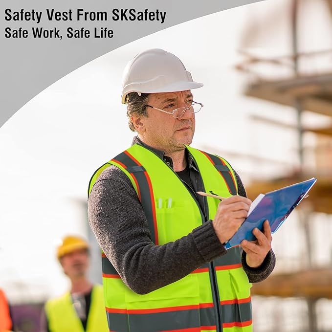 SKSAFETY 10 Pockets Safety Vest, Class 2 High Visibility Security with Zipper, Hi Vis Vest with Reflective Strips, ANSI/ISEA Standard, Construction Work Vest for Men ＆ Women （Lime, 5XL）