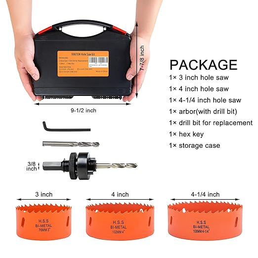 Hole Saw Kit for Metal and Wood Plastic Project, Bi-Metal Hole Saw Set with Case and Arbor, 3", 4" and 4-1/4", Hole Cutter with Flat and Smooth Cutting Drilling Edge, Fast Chip Removal