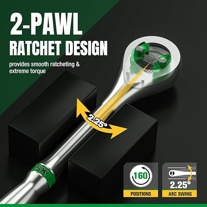 SK 1/2" Drive Ratchet Handle, 160-Position 2 Pawl Ratchet, Premium CR-V Construction, with Contoured Handle