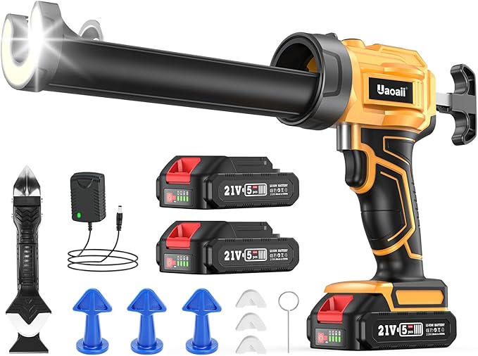 Electric Caulking Gun, Cordless Caulking Gun with 2x 2000mAh Batteries, 9Pcs Silicone Caulking Tools, 4 Adjustable Speeds, LED Light, 10OZ Battery Silicone Gun for Filling, Sealing (Yellow)