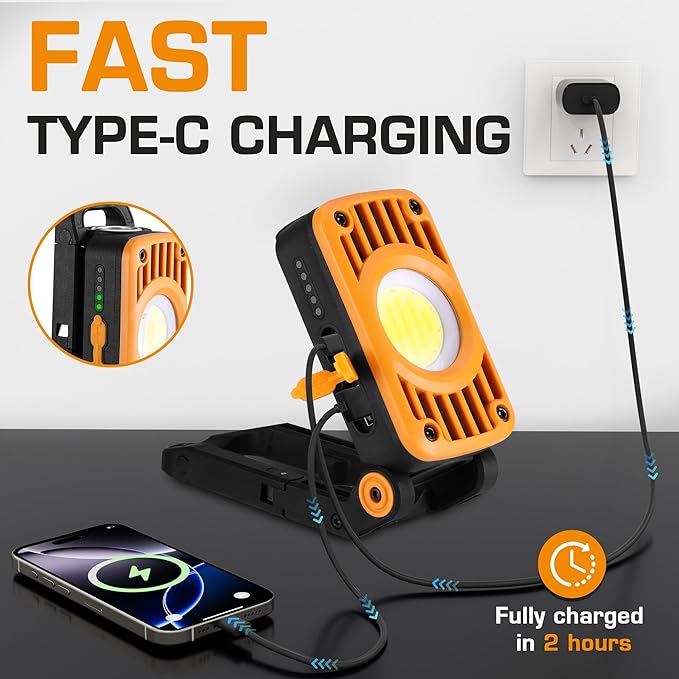 EverBrite COB Rechargeable Folding Work Light, 7 Lighting Modes, 1200 Lumens LED with 180° Adjustable Stand and Hanging Hook, Magnetic Base for Car Repair, Camping, Emergency, Job Site