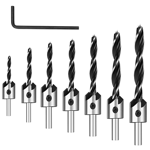 Countersink Drill Bit Set, 7Pcs Sinker Drill Bits M2 HSS, with 1/4" Standard Shank and Allen Wrench, Counter Sink Bit for Woodworking and Carpentry, Pilot Screw Hole Set