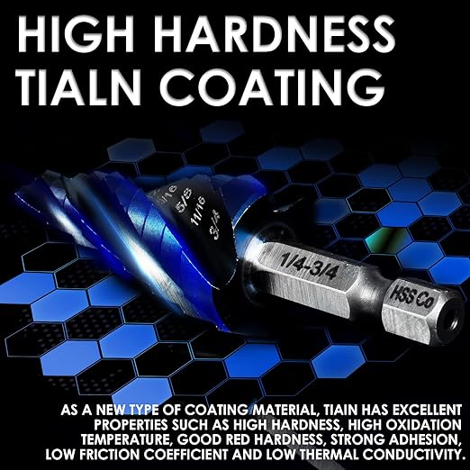 M35 Cobalt Step Drill Bit Set, Four Spiral Flute Unibit Step Drill Bits (1/8"-7/8") Wear-Resistant TiAlN Coated, 1/4" Hex Shank for Metal, Carbon Steel, Stainless Steel, Wood, Plastic (3Pcs)