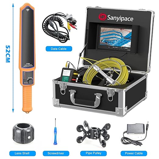 Sanyipace Sewer Camera with Locator 65 FT/20 M, Drain Pipe Inspection Camera with Detector, Waterproof Cámara Probe w/h 512Hz Transmitter, Distance Counter, 9" Color Screen, 16GB TF Card, 5mm Cable