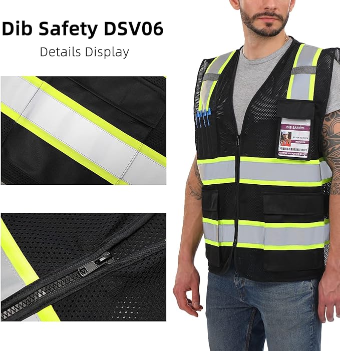 Dib Safety Reflective Mesh Vest High Visibility Two Tone with Pockets and Zipper, Black Mesh with Yellow Trim 4X