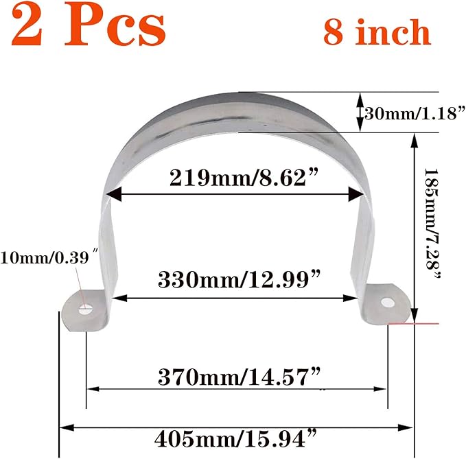 2 Pcs 8inch Rigid Pipe Strap,Two Hole Stainless Steel Strap U Bracket, Widened Tube Strap Tension Clip Assortment Kit Heavy Duty Pipe Clamp（219mm）
