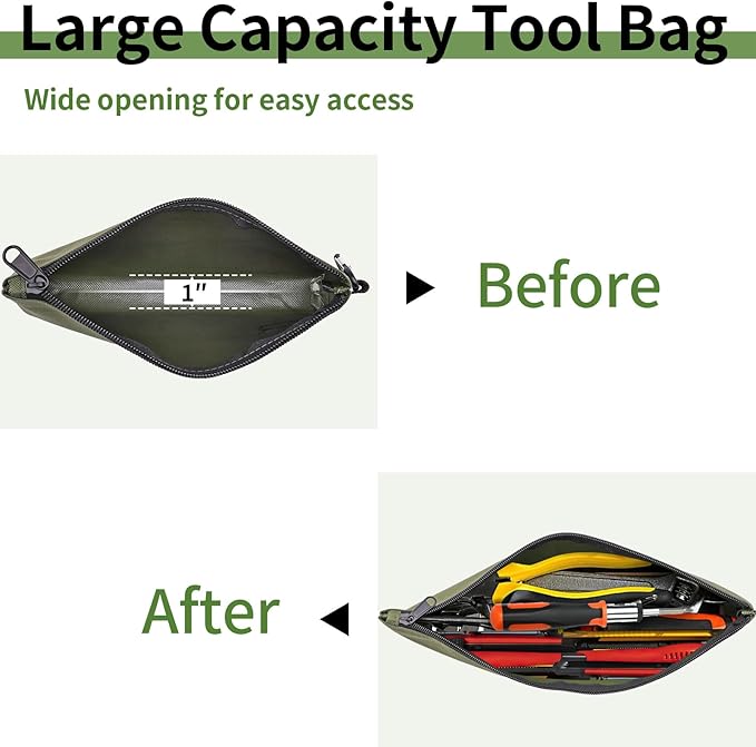3 Pack Premium Tool Pouches Zipper Bag, 12 in Small Tools Bags with Carabiner, Heavy Duty Flat Bottom Utility Multipurpose Storage Organizer Bag for Tool, Stationary, Pencil (Tan, Navy Green, Black)