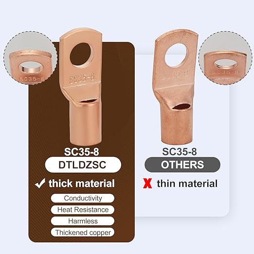 Thick Copper Electric Wire Lugs,10Pcs Bare Copper Gauge 2Awg-5/16(M8) Ring Heavy Duty Battery Cable Lugs Ends Ring Terminals Connectors with 10Pcs 3:1 Heat Shrink Tubing Assortment Kit