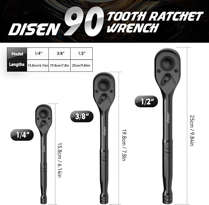 DISEN 3PCS Black Ratchet Set (1/2", 3/8", 1/4" Drive) - 90-Tooth Contour Handle, Black Oxide Finish with Reversible Quick Release & EVA Tray - Industrial Ratchet Wrench Kit