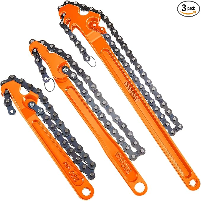 Lasnten 3 Pcs Large Reversible Chain Oil Filter Wrench with 12 16 9 Inch Chain Wrench Adjustable Heavy Duty Carbon Steel Sturdy Pipe Fitting Tool Spanner for Ratcheting Universal(Orange)