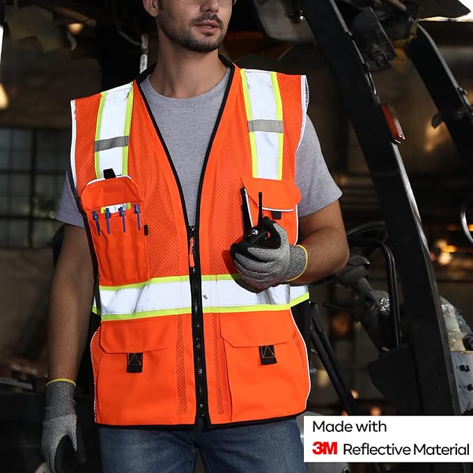 Neopelta Reflective Safety Vest Orange Mesh, Made with 3M Reflective Tape, Heavy Duty Vest with ID pocket, Padded Neck, Orange 4XL