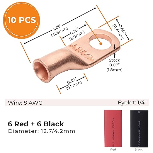 SELTERM 10pcs - 8 Awg - 1/4" Stud - Battery Lugs - Ring Terminal Connectors | with 12pcs 3:1 Black & Red Heat Shrink Tubing with Adhesive | Heavy Duty Battery Cable Ends - Bare Copper Wire Lugs Kit