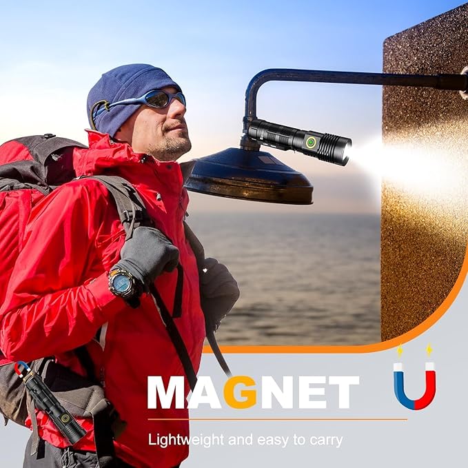 Small Tactical Flashlights High Lumens - 1500 Meters Long Beam Super Bright LED Magnetic Flashlight USB Rechargeable Zoomable 5Modes Long Beam Spotlight Flashlight for Hiking, Camping, 1pcs